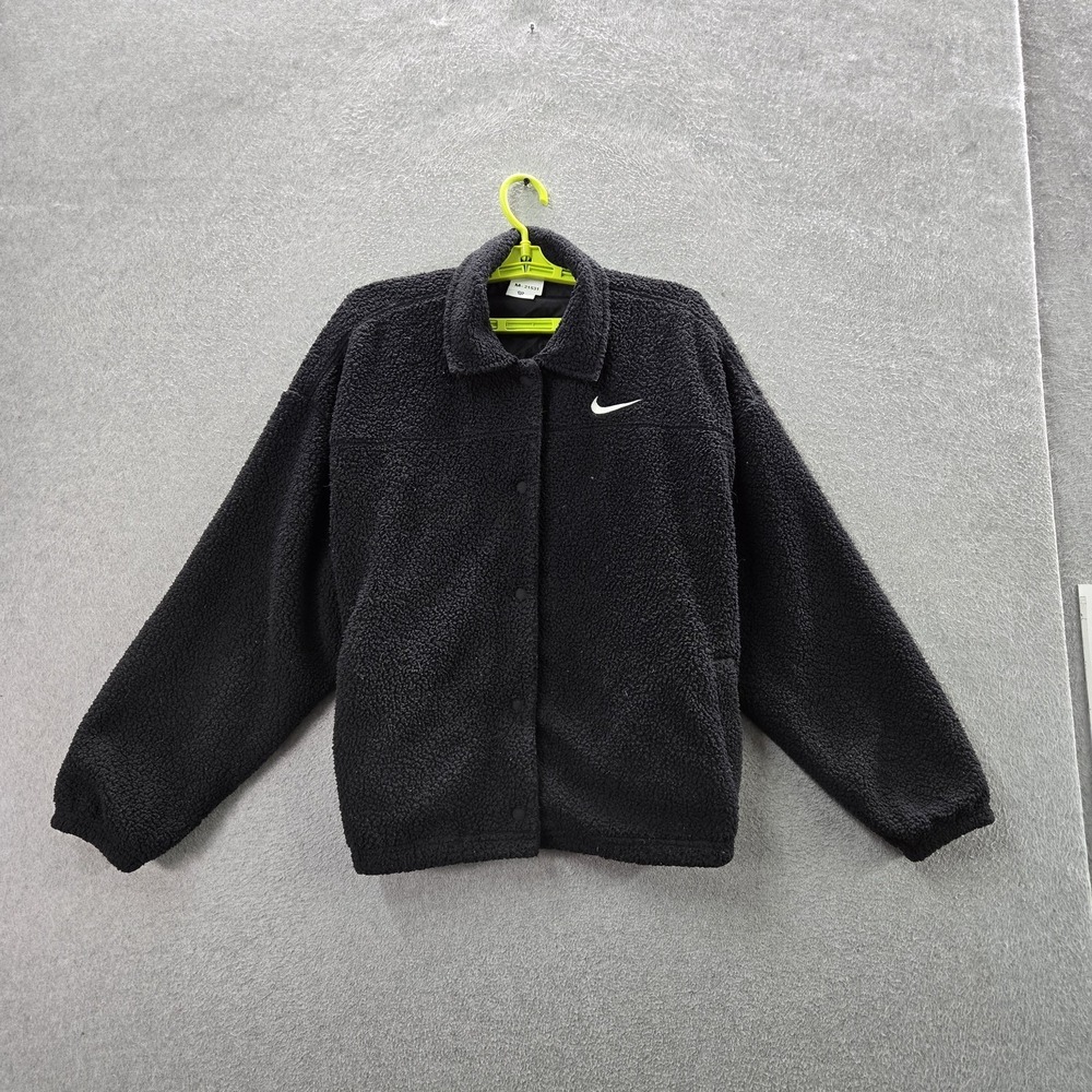 Nike Women Jacket L Black High Pile Fleece Snap Button‎ Long Sleeve Logo